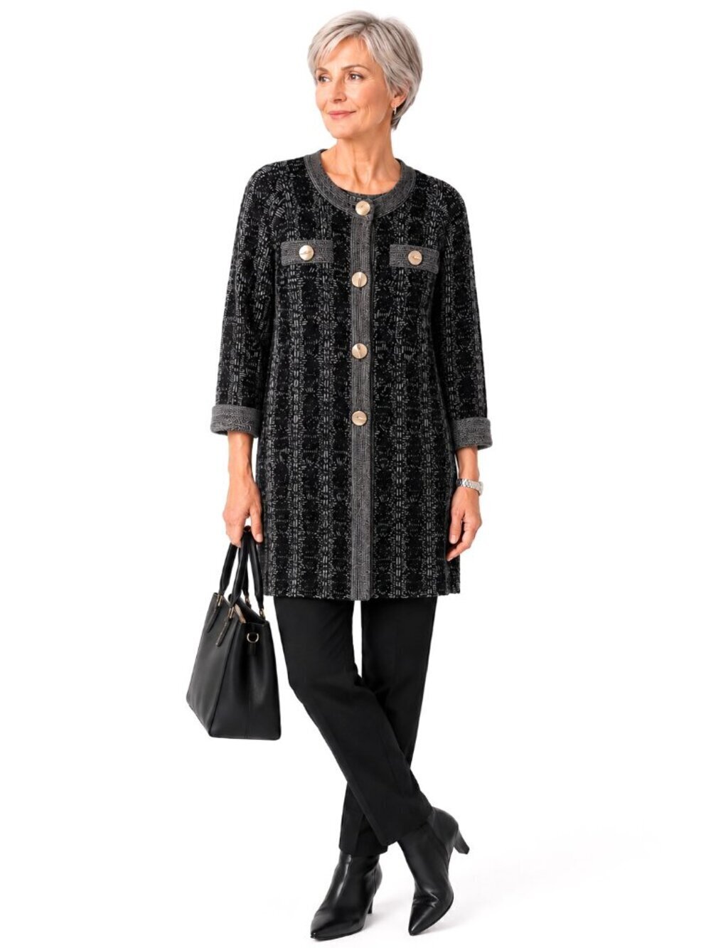 Misook Black White Chunky Cable Knit Long Cardigan